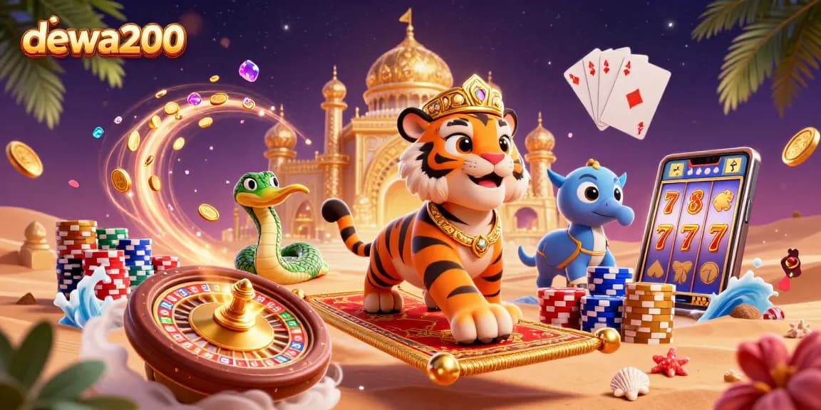 Gambarlah dewa200 dengan sultan harimau yang menaiki karpet terbang penuh chip poker di latar belakang keberuntungan.
