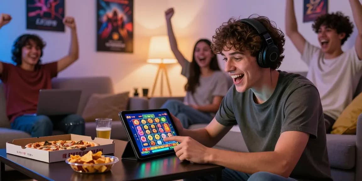 Excited player enjoying the best game in a cozy living room with friends.