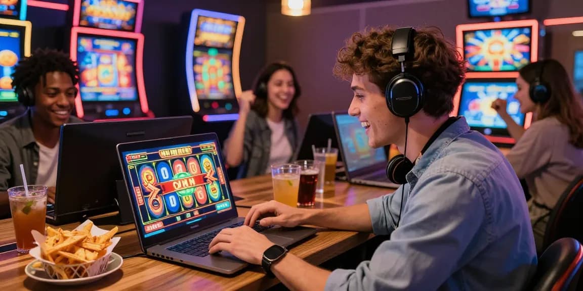 Suasana permainan slot gacor gampang menang dengan pemain ceria di lingkungan digital yang menarik.