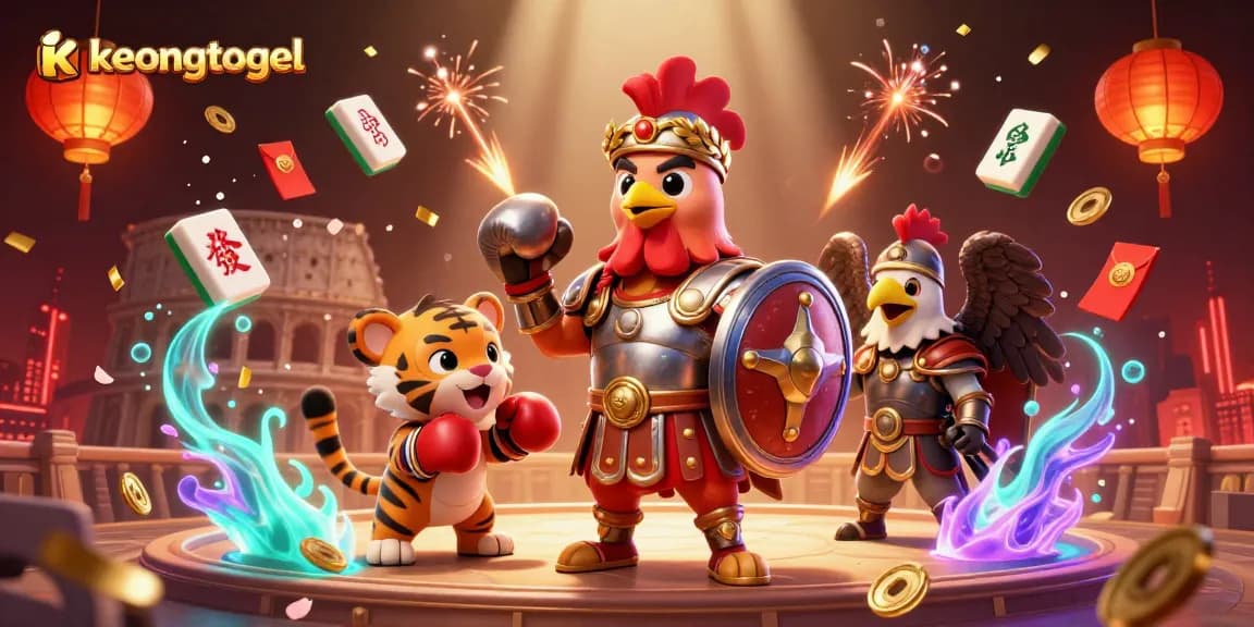 Action-packed illustration of keongtogel with a gladiator rooster and tiger cub, surrounded by vibrant gaming elements.