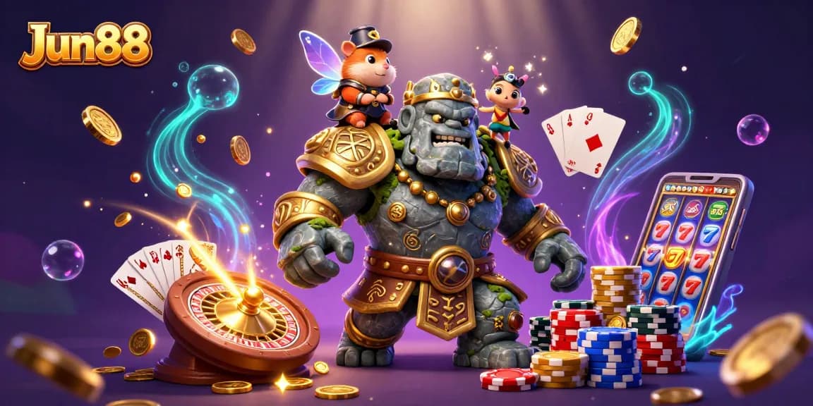 Win big with Jun88 at a lively casino scene featuring magical elements and vibrant gaming action.