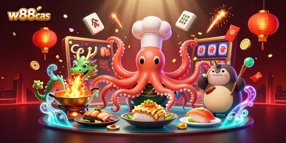 Spin with excitement at w88cas, showcasing a vibrant casino scene full of characters and fun gaming elements