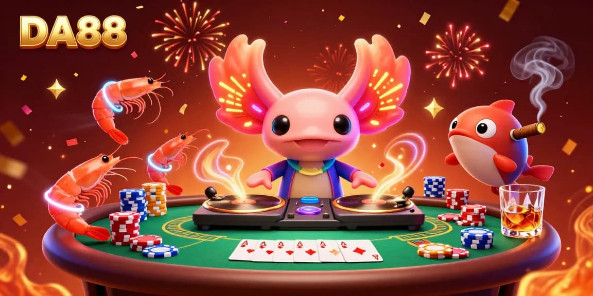 Experience vibrant action at DA88, where a DJ axolotl and shrimp crew celebrate poker victories.