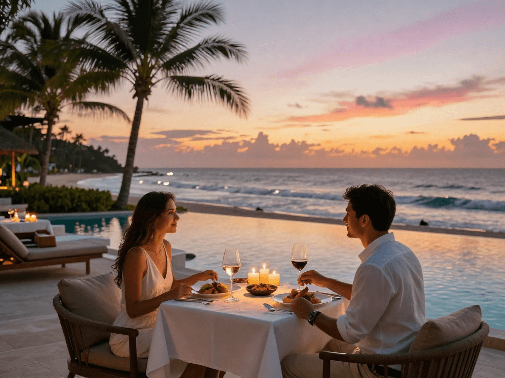 Makan malam romantis di resor mewah beachfront dengan pemandangan LUXURY 111 saat matahari terbenam.