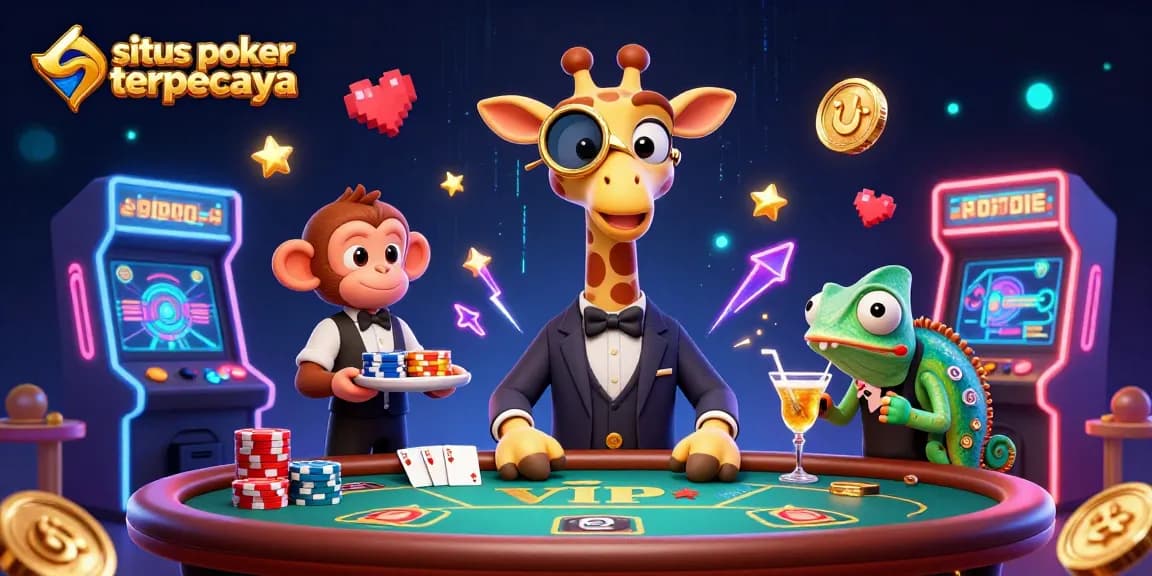 Engage in exhilarating gameplay at situs poker terpercaya with a vibrant scene of a giraffe at a poker table surrounded by game elements.