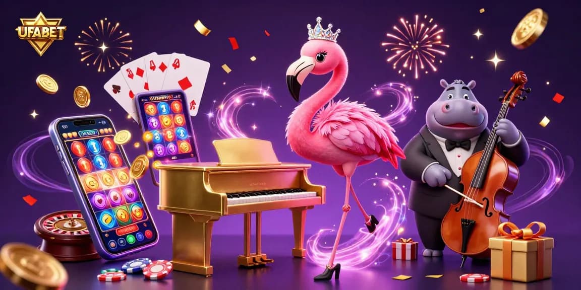 Engage with UFABET online gaming as a vivid casino scene unfolds with lively characters and exciting gambling elements.