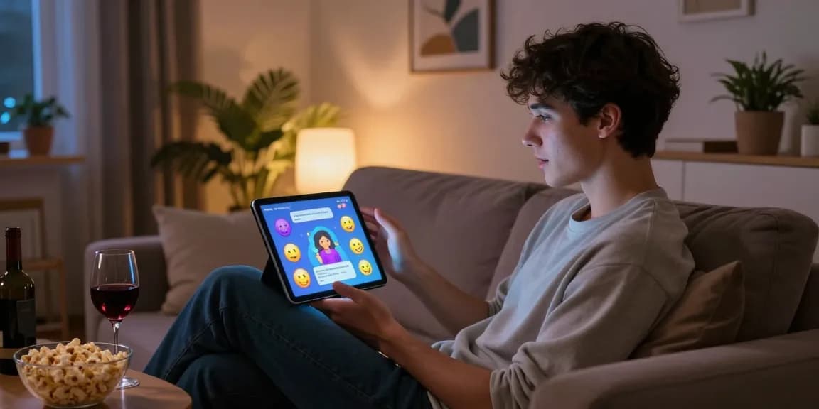 Engaging NSFW AI chat with a virtual character on a tablet in a cozy setting.
