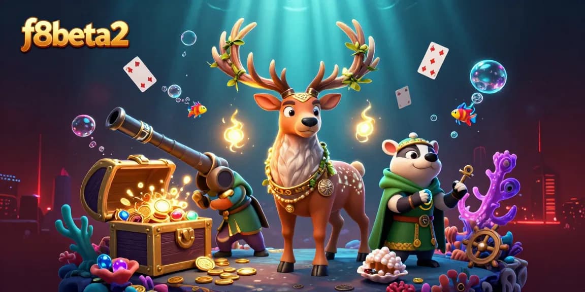 Engage in thrilling action with f8beta2, featuring a mystical druid stag amid sparkling casino treasures.
