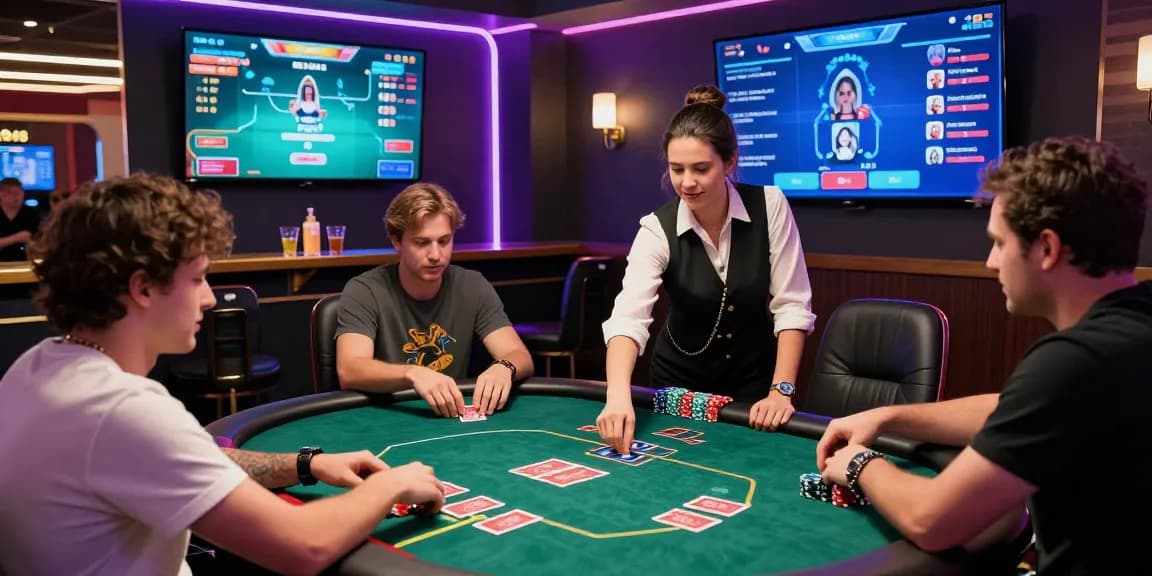 Permainan poker online di dewapoker dengan pemain antusias dan suasana kasino virtual yang dinamis.