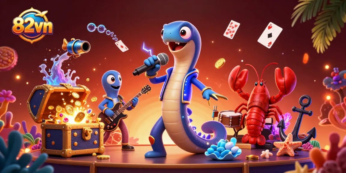Explore exciting features at 82vn with a vibrant underwater casino illustration showcasing dynamic gaming action.