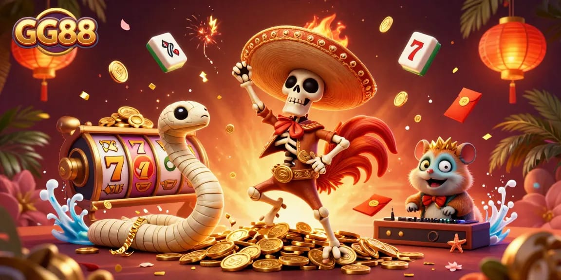 GG88 brings excitement with a vibrant 3D gambling-themed illustration showcasing a festive casino atmosphere.