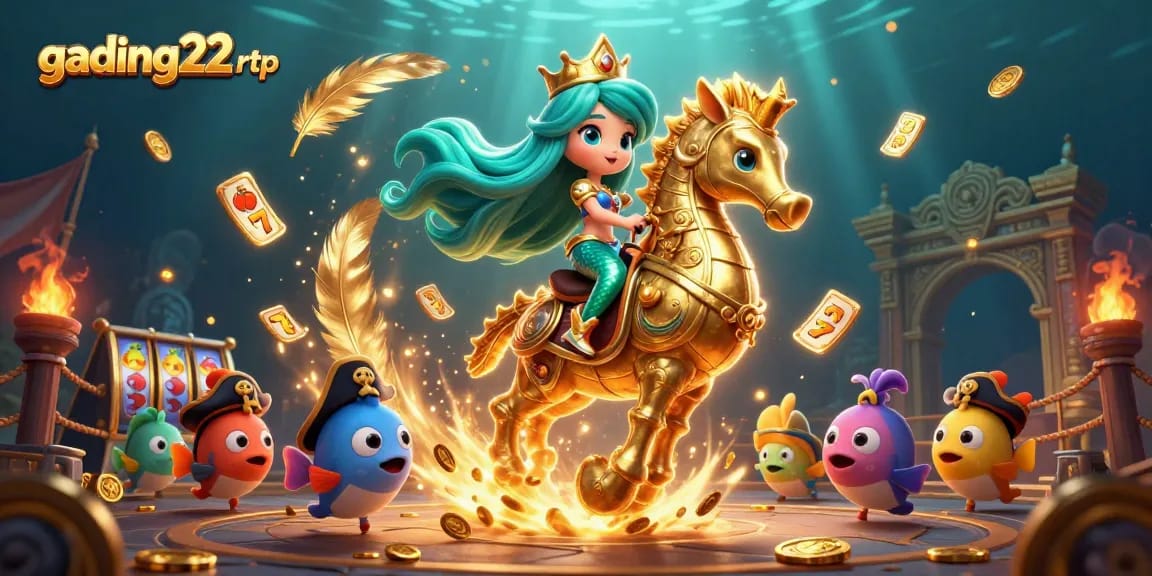 Experience the excitement of gading22 rtp with a vibrant casino-themed underwater scene featuring a mermaid princess and her seahorse.