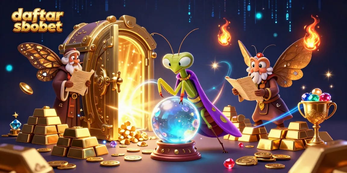 Experience daftar sbobet with a mystical fortune teller and librarian amidst treasures and vibrant energies.