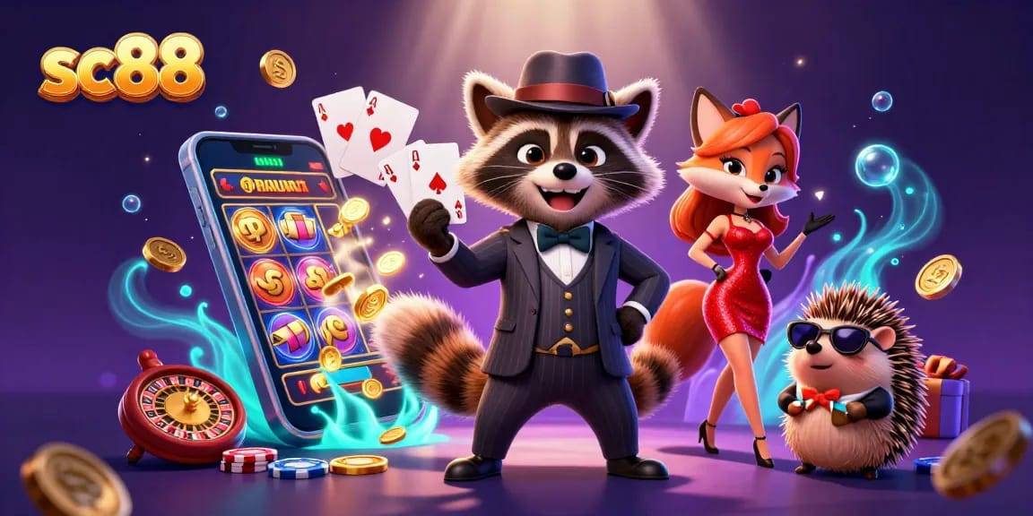Experience sc88's vibrant casino atmosphere with raccoon and friends enjoying slot games.