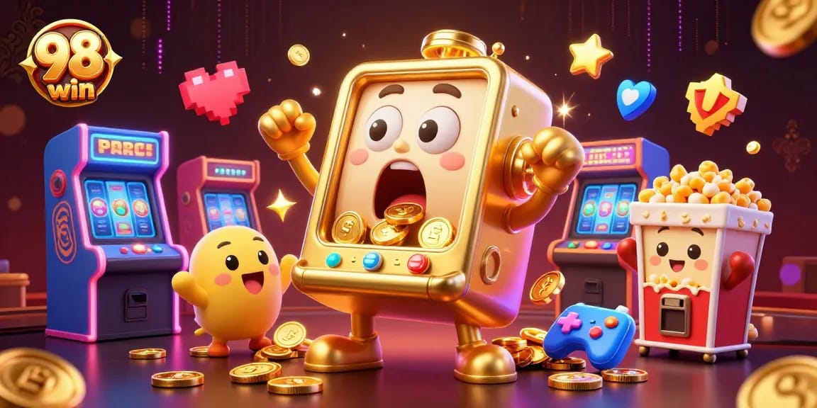 Experience the excitement of 98 win with a golden slot machine hitting a jackpot and colorful game elements.