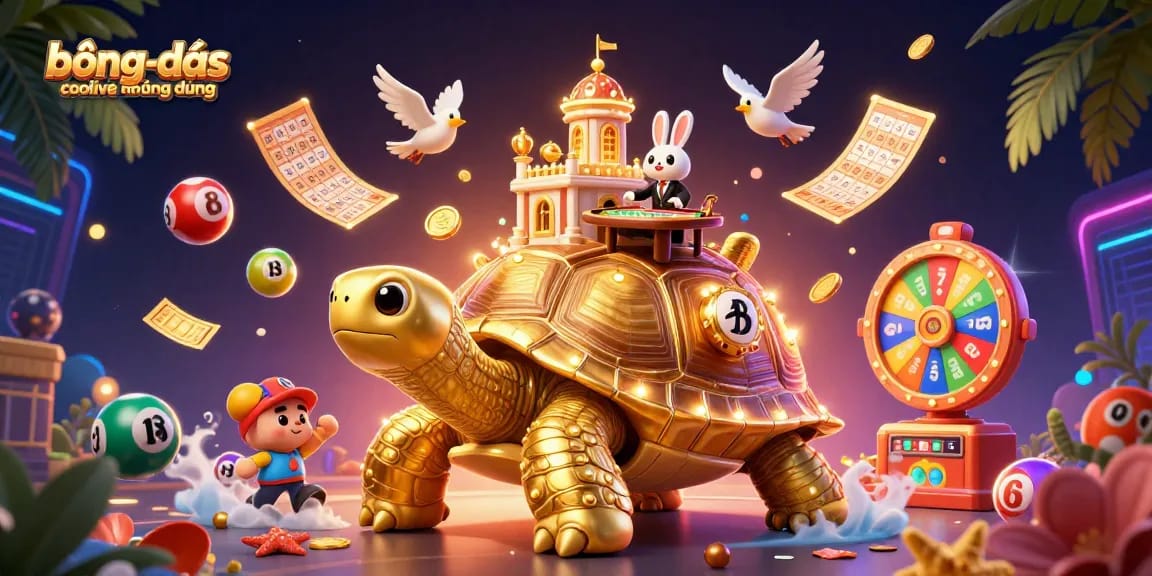 bóngđásocoliveứngdụng unveils a vibrant scene with a golden tortoise and lively gambling elements.