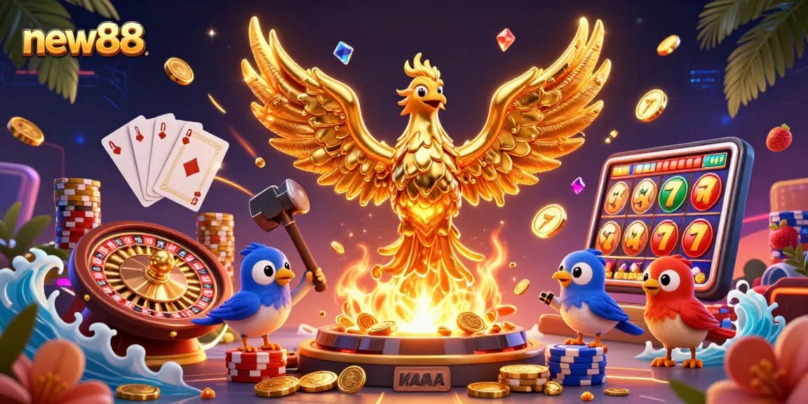 Experience the vibrant allure of new88 with this dynamic illustration showcasing casino games and golden riches.