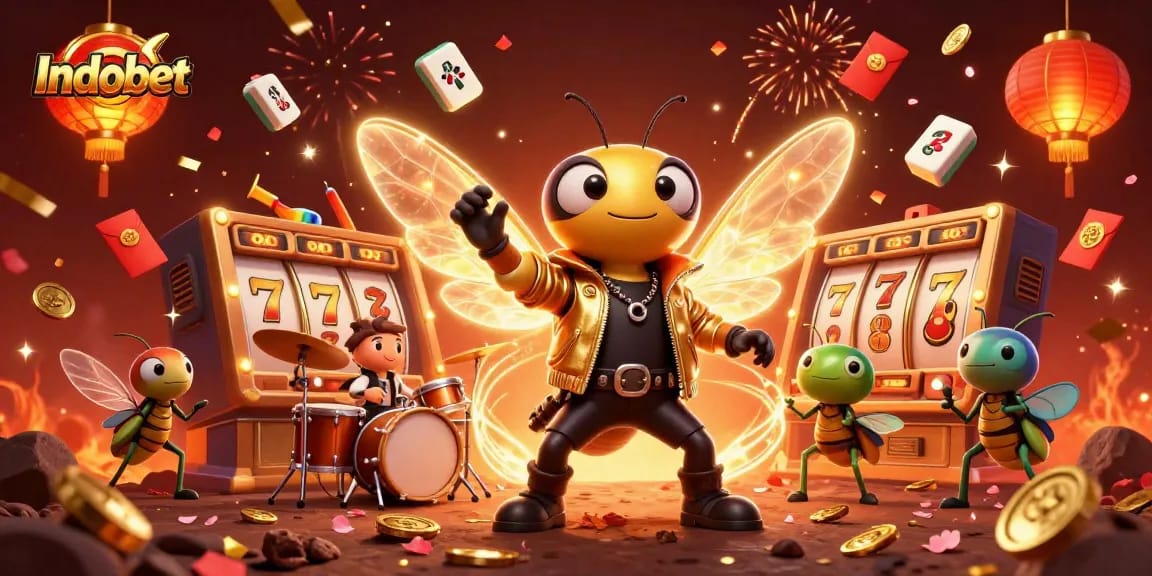 Indobet menampilkan cicada rock star dan elemen kasino yang berwarna-warni dalam ilustrasi ceria.