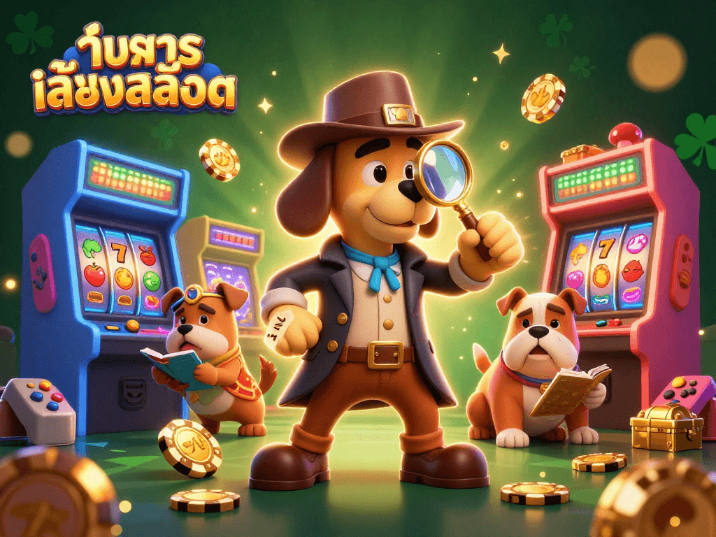 Experience ทดลองเล่นสล็อต with vibrant game machines and treasure hints in this dynamic illustration.