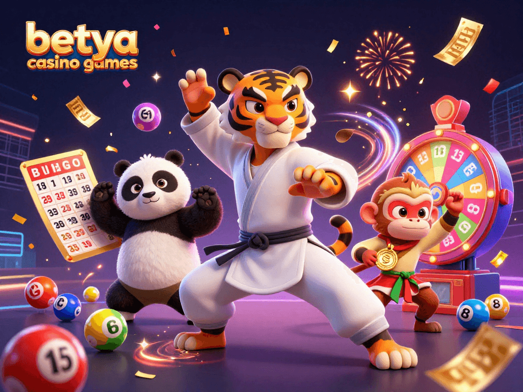 Experience the thrill of betya casino games with playful characters in a vibrant 3D casino scene.