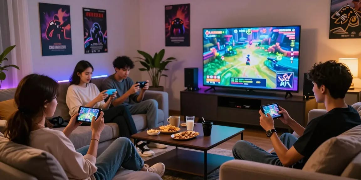 Group enjoying h555-game on mobile devices in inviting living room setting