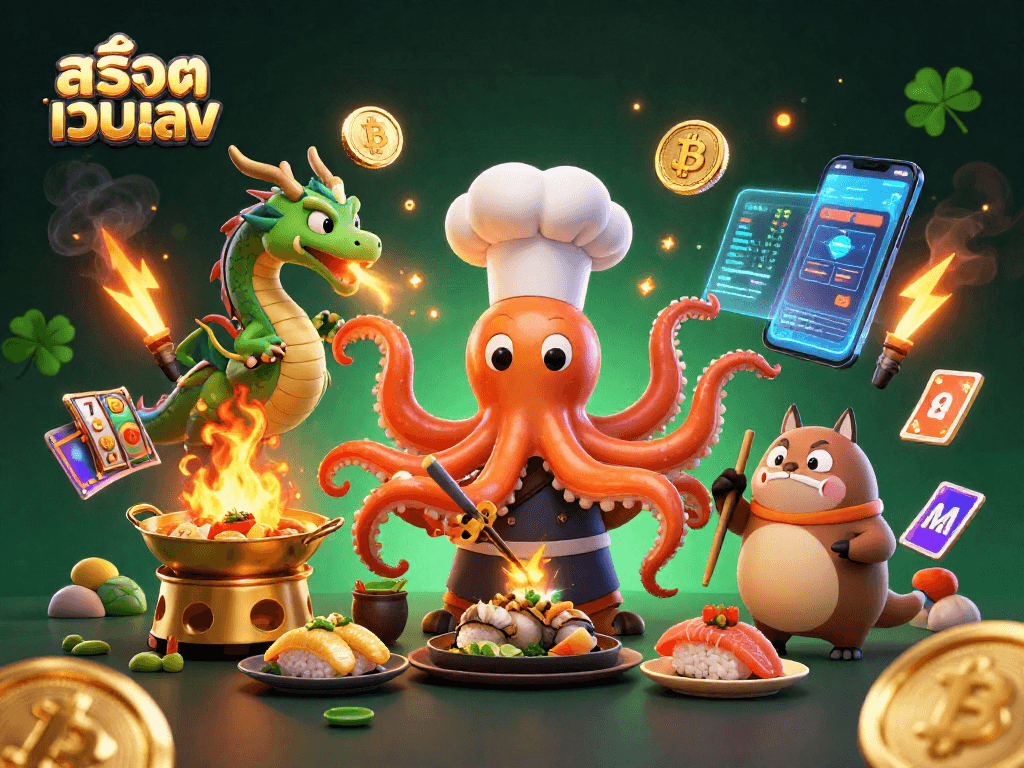 Spin the reels of สล็อตเว็บตรง in this vibrant 3D casino scene featuring an octopus, dragon, and tanuki.