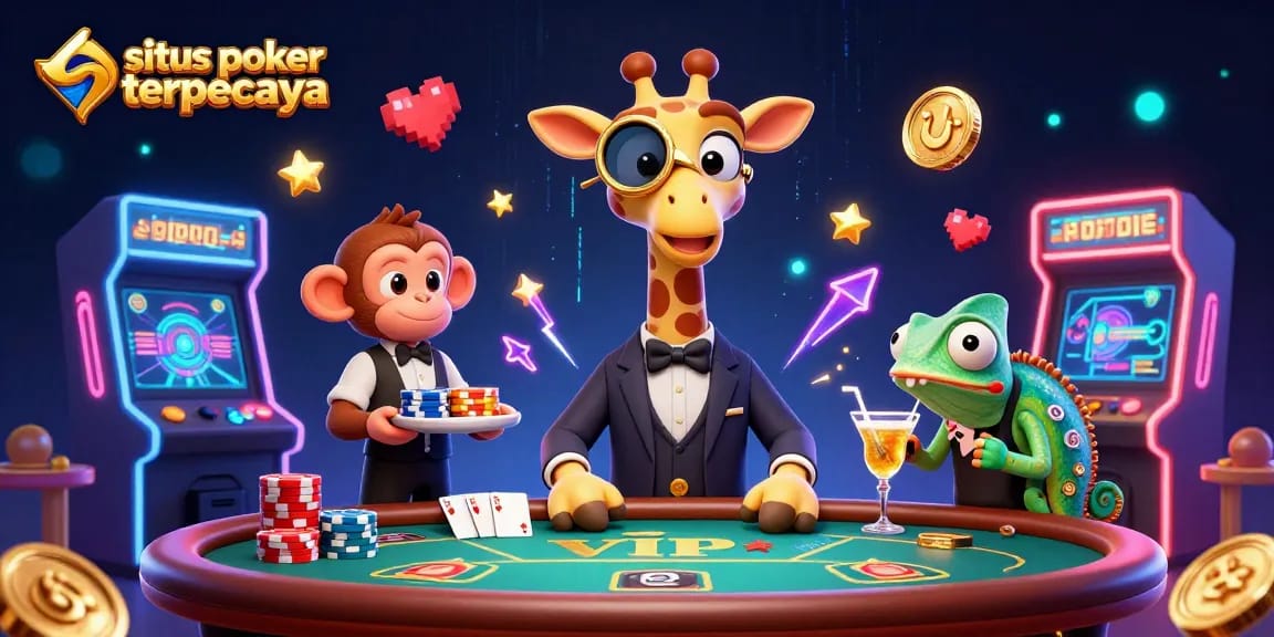 Engage in exhilarating gameplay at situs poker terpercaya with a vibrant scene of a giraffe at a poker table surrounded by game elements.