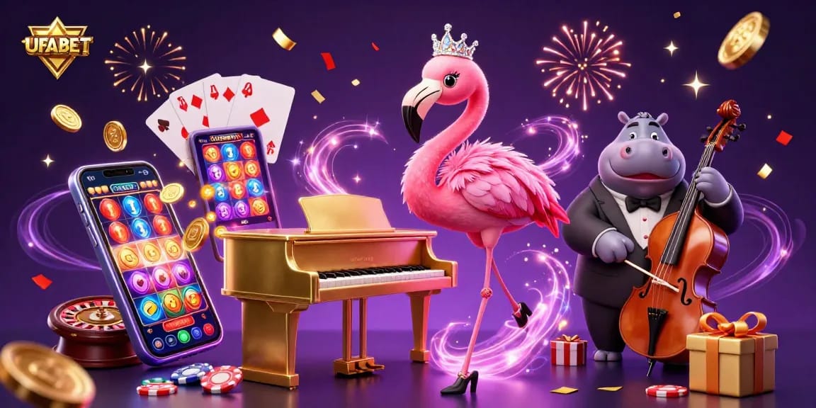 Engage with UFABET online gaming as a vivid casino scene unfolds with lively characters and exciting gambling elements.
