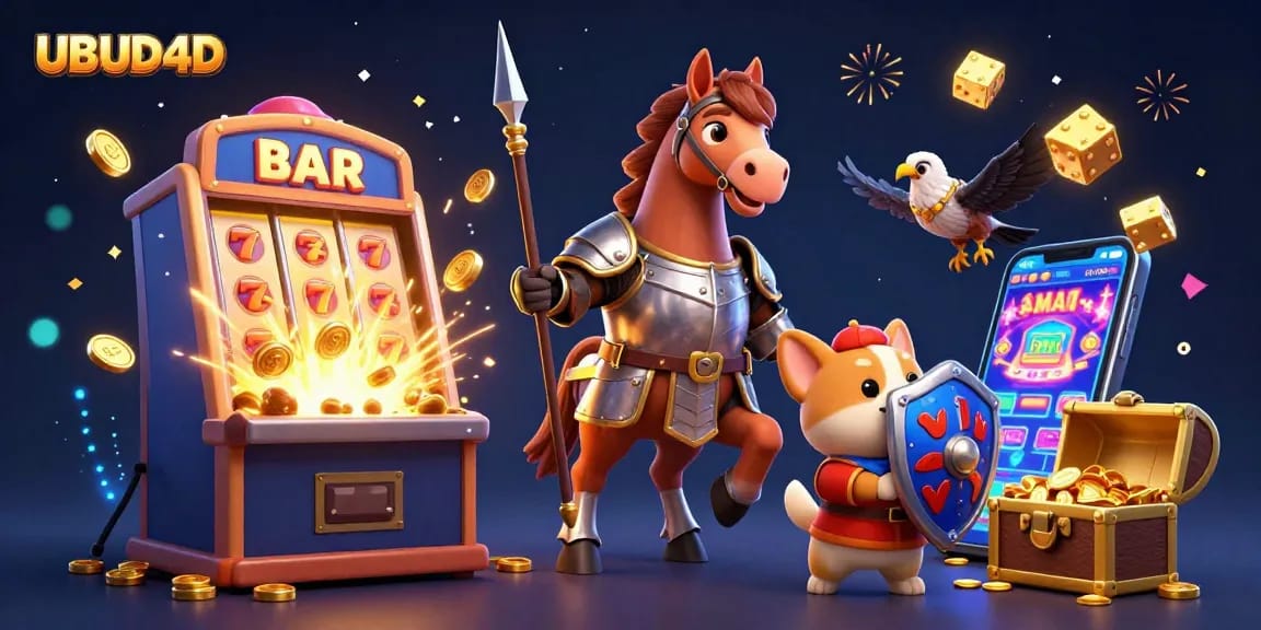 Experience the vibrant gameplay of UBUD4D with thrilling slots and engaging characters in a dynamic casino scene.
