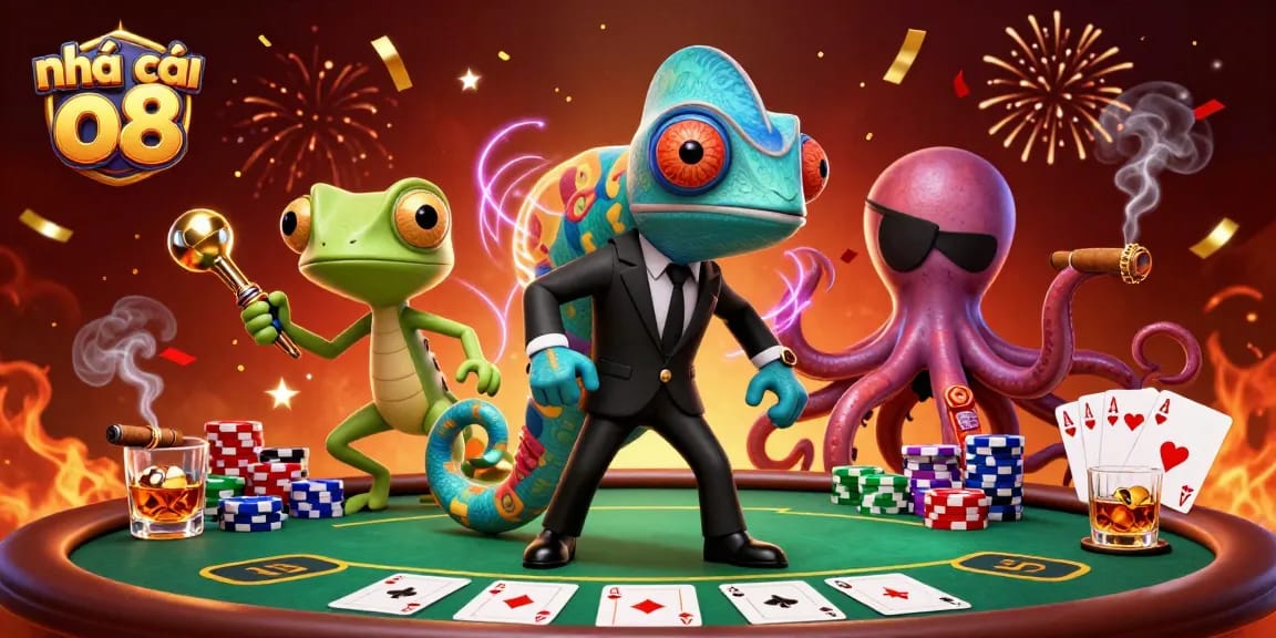 Engage in thrilling gameplay at nhà cái o8 with colorful poker chips and dynamic characters.