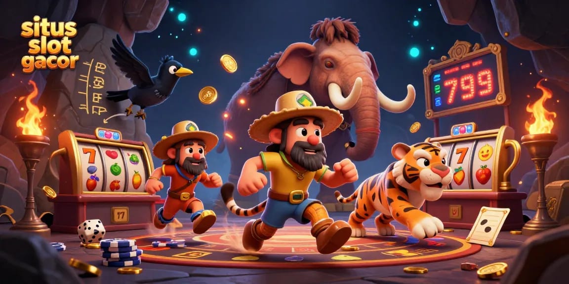Experience thrilling wins at situs slot gacor with our vibrant prehistoric casino illustration full of dynamic gaming elements.