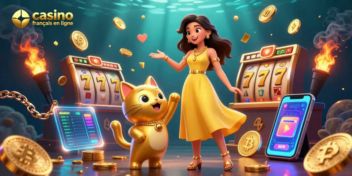 Win big at casino francais en ligne with a lively encounter between a cheerful woman and a lucky cat, surrounded by vibrant gambling elements.