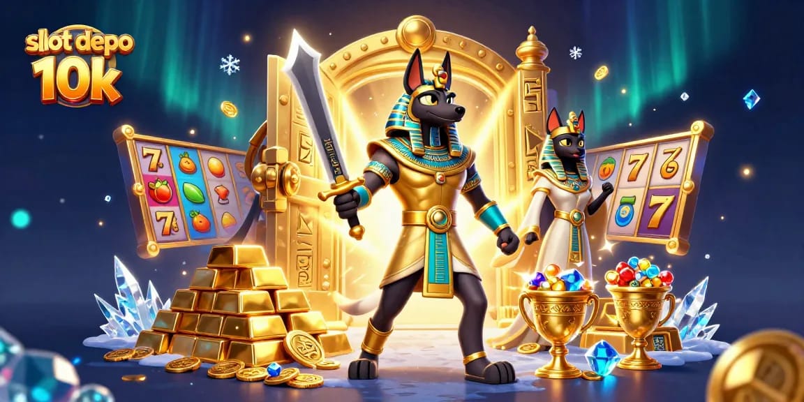 Win big with slot depo 10k featuring a dynamic 3D scene of Anubis and Bastet amidst treasures.
