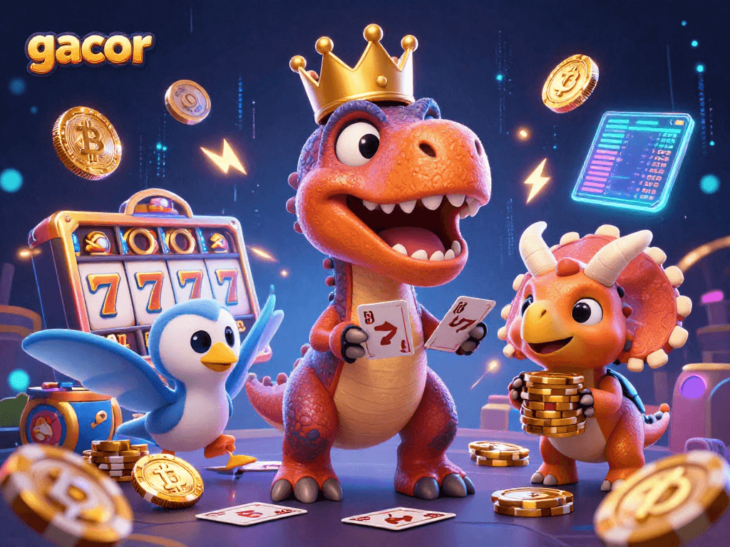 Join the gacor fun with this vibrant casino scene featuring a T-Rex shuffling cards and friends stacking chips.