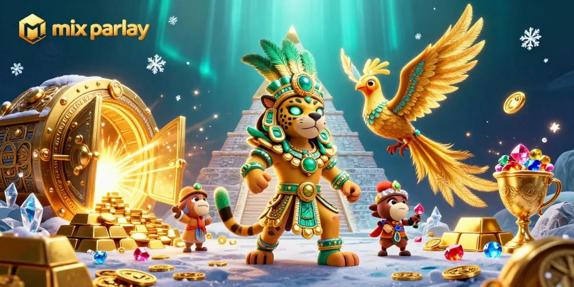 Engage in mix parlay betting with dynamic elements like treasure and pyramids in this vibrant illustration.