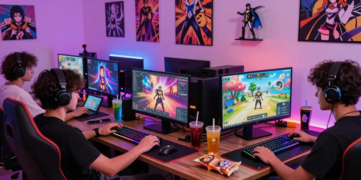 Playing diverse hentai games online in a lively gaming setup with colorful lighting.