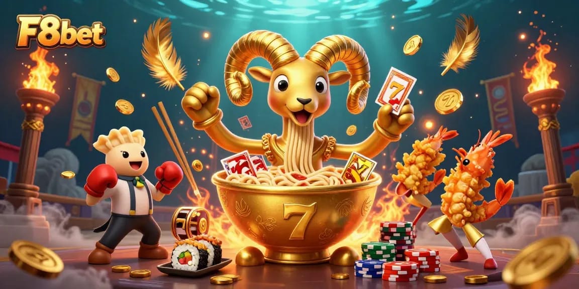F8bet's vibrant online casino action scene featuring dynamic characters, slot elements, and energy.