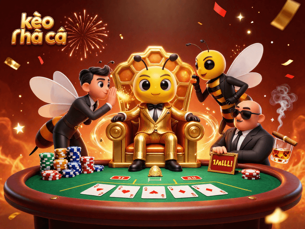 Engage with kèo nhà cái as the bumblebee mob boss commands the poker table, surrounded by gleaming chips and guards.