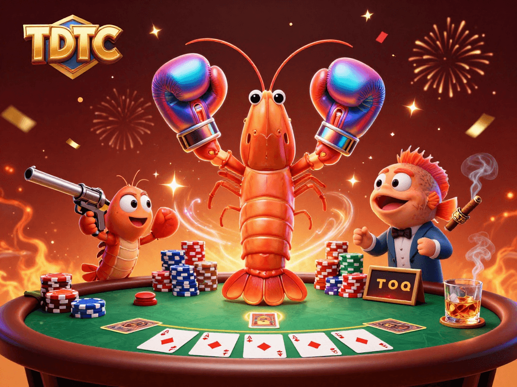Engage with TDTC as vibrant shrimp characters host a poker championship with lively decor.