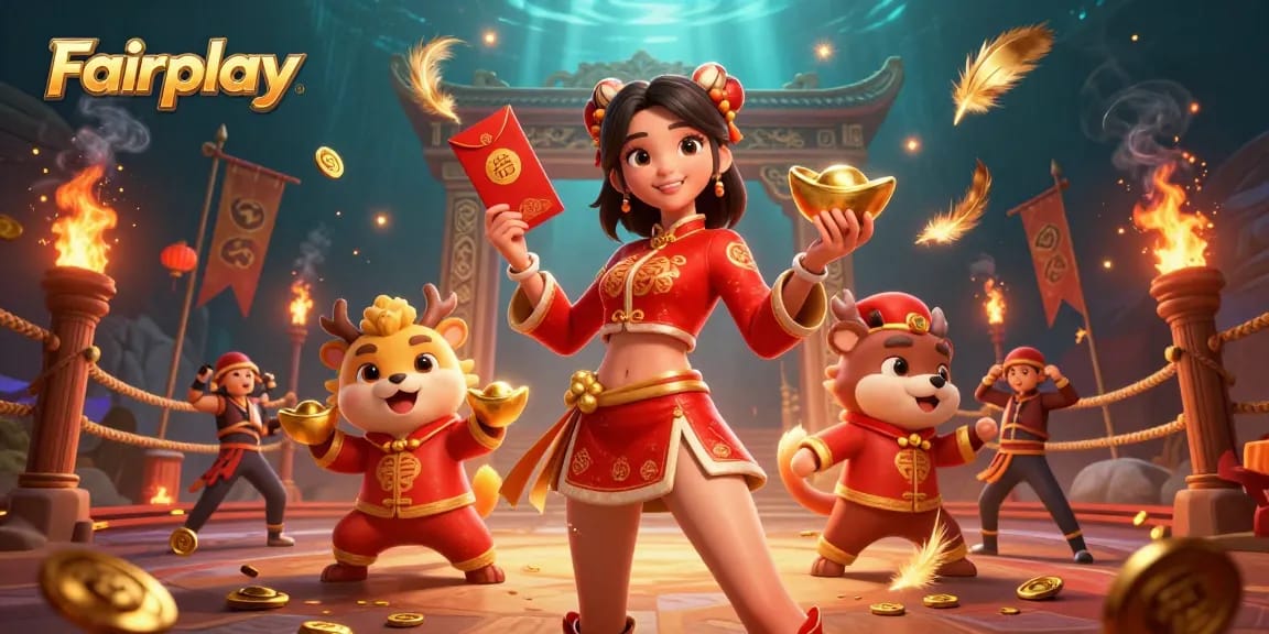 Engage with Fairplay's vibrant casino festival featuring lucky symbols and energetic characters.