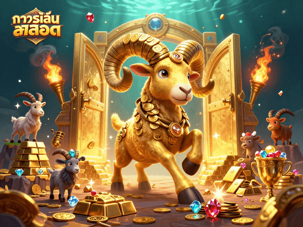 Try out ทดลองเล่นสล็อต with a massive golden ram charging through a golden vault bursting with treasure.