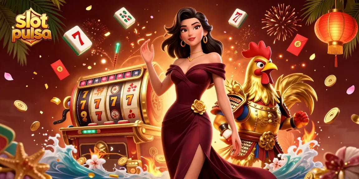 Engage in thrilling slot pulsa gaming with a glamorous scene of excitement and fortune.