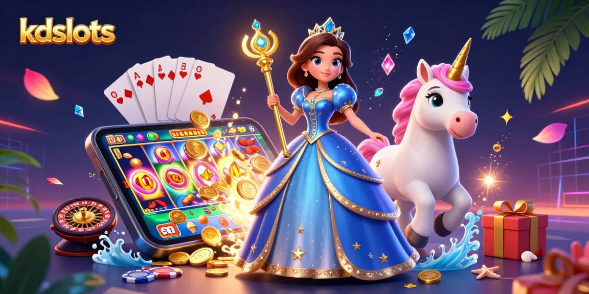 KDslots showcases an enchanting illustration of a royal character and unicorn in a vibrant casino atmosphere.