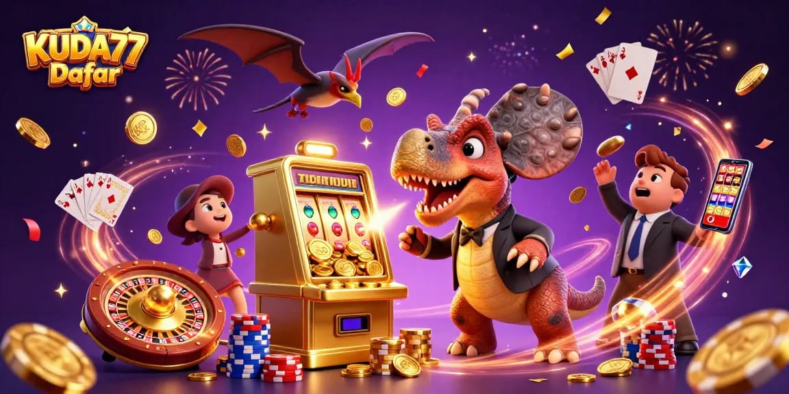 Permainan slot KUDA77 Daftar memperlihatkan dino 3D menang jackpot dengan koin emas berterbangan.