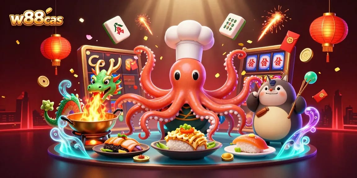 Spin with excitement at w88cas, showcasing a vibrant casino scene full of characters and fun gaming elements