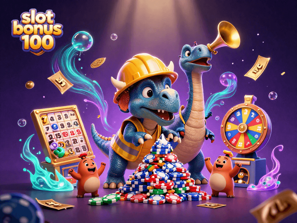 Celebrate wins with the slot bonus 100 in a vibrant 3D scene of fun and excitement!