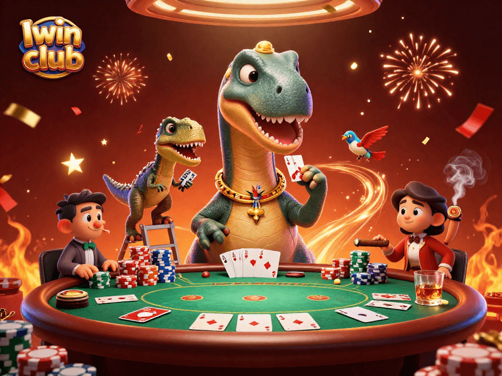 Experience excitement at Iwin club with a whimsical dinosaur poker scene.