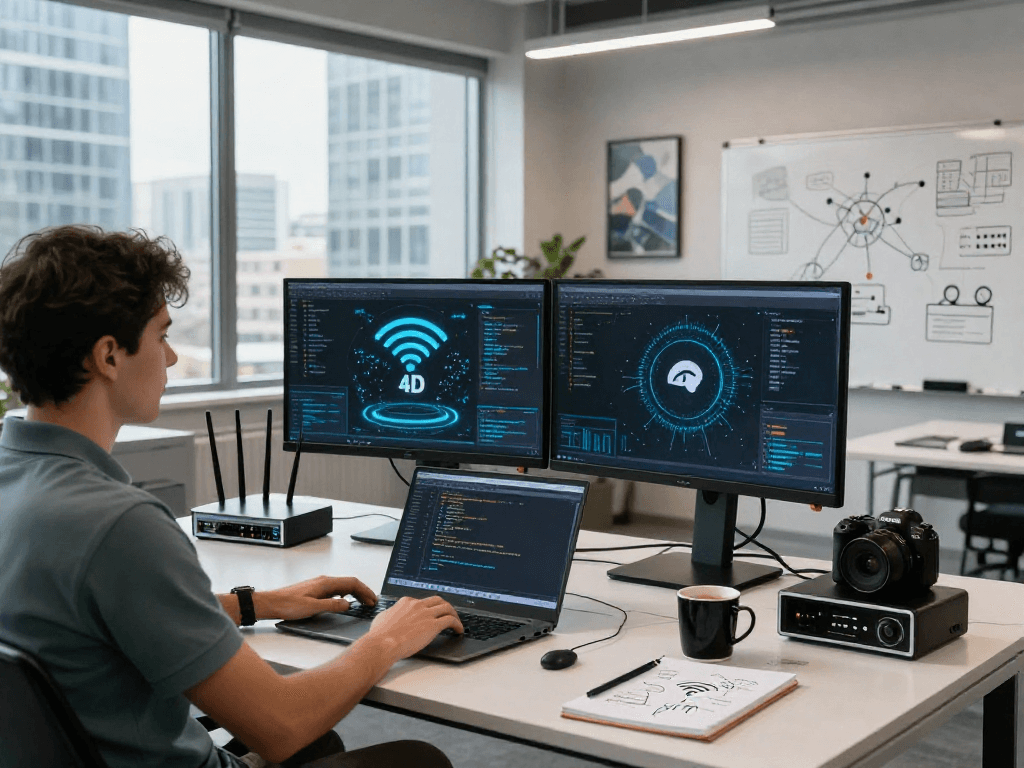 Gambar suasana ruang kerja teknologi dengan detail wifi 4d yang ditampilkan di layar komputer.