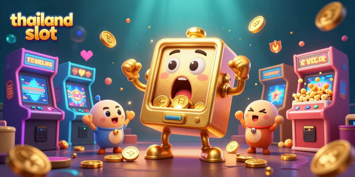 Experience the excitement of thailand slot with a golden slot machine celebrating its big win amid cheering baby machines and vibrant game elements.