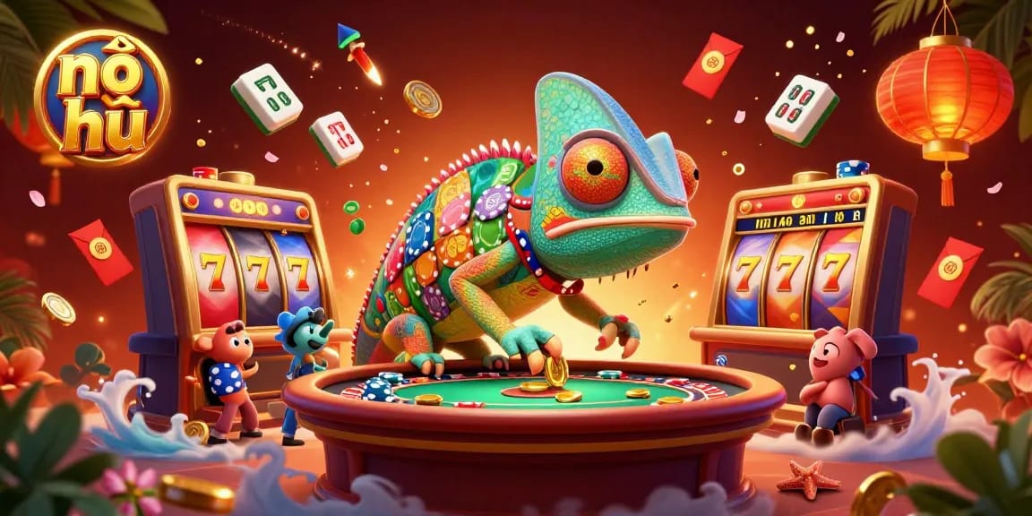 Nổ hũ casino fun with a vibrant chameleon and dynamic slot reels lighting up the scene